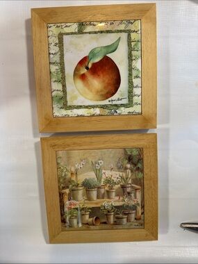 Set of 2 trivets - ceramic tile botanical images with Wood Frames and hangers